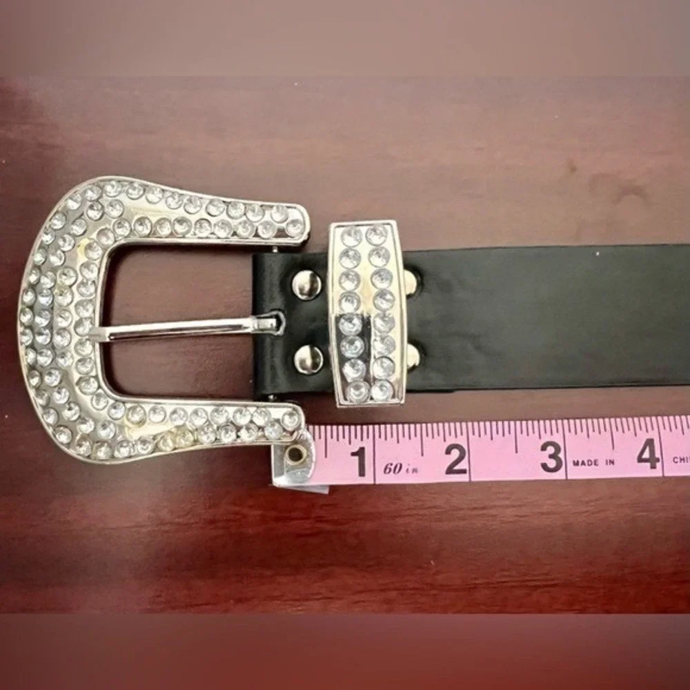 Western Rhinestone Studded Belt Black Faux Leather Silver Crystal Buckle 37.5